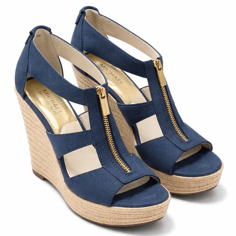 New - Michael Kors Navy Canvas Zip-Front Espadrille Wedges